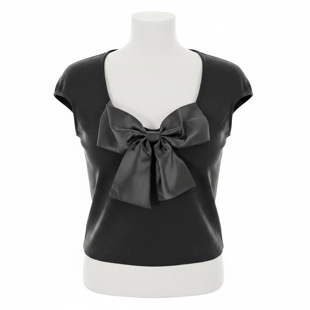 Cider Women Black Top Curve Bowknot Square Neck Size 1XL Versatile Short Sleeve